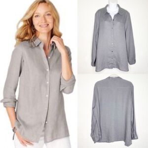 J Jill Love Linen Essential  shirt Gray Button Front Blouse Medium Tall
